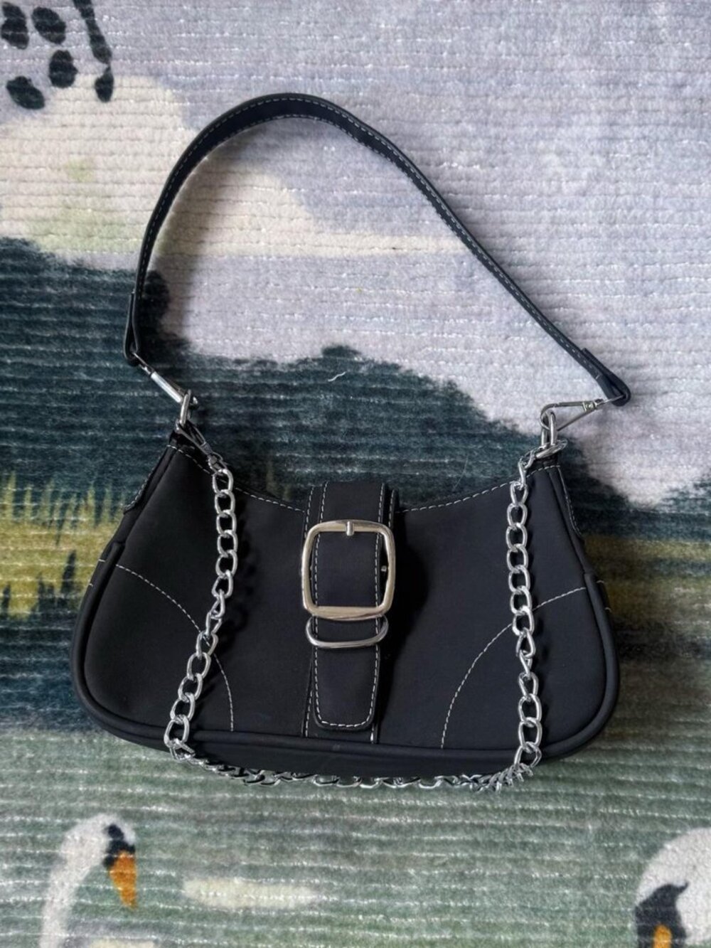 Black Buckle Contrast Stitch Shoulder Bag